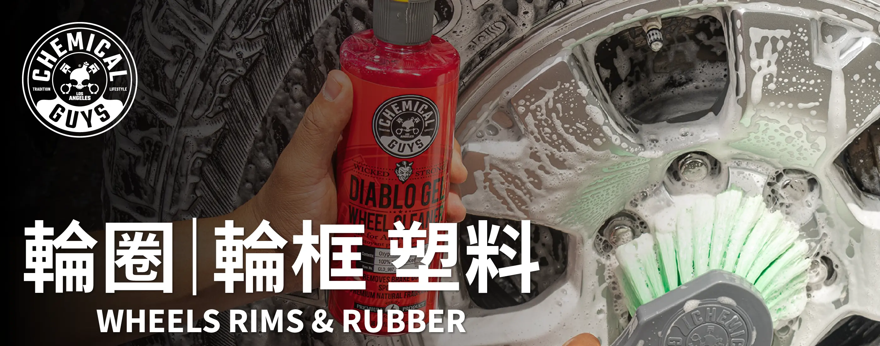 Chemical Guys 輪圈輪框塑料分類頁首圖，展示輪框清潔劑使用效果。